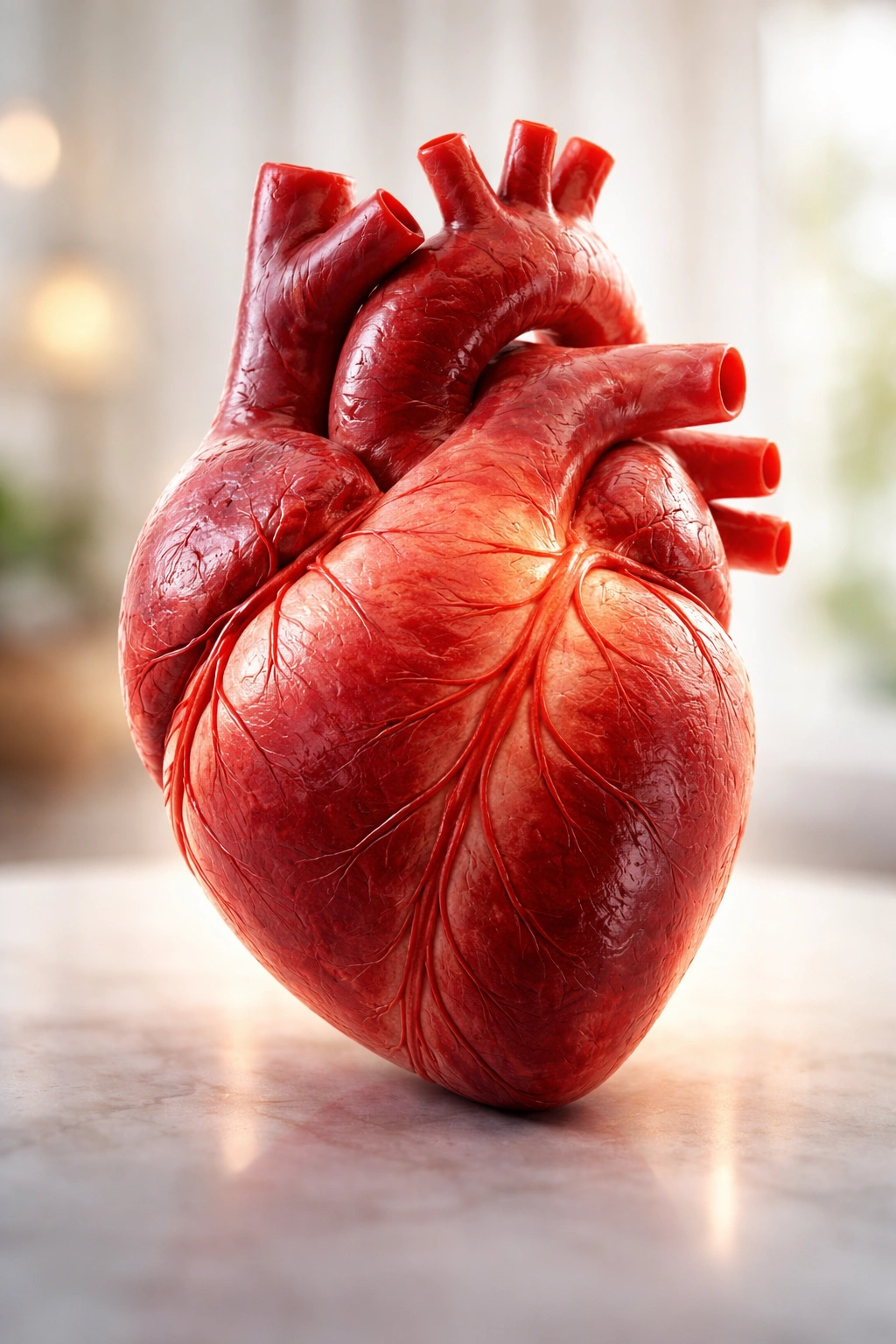 Photorealistic close-up of a red heart model representing better heart health