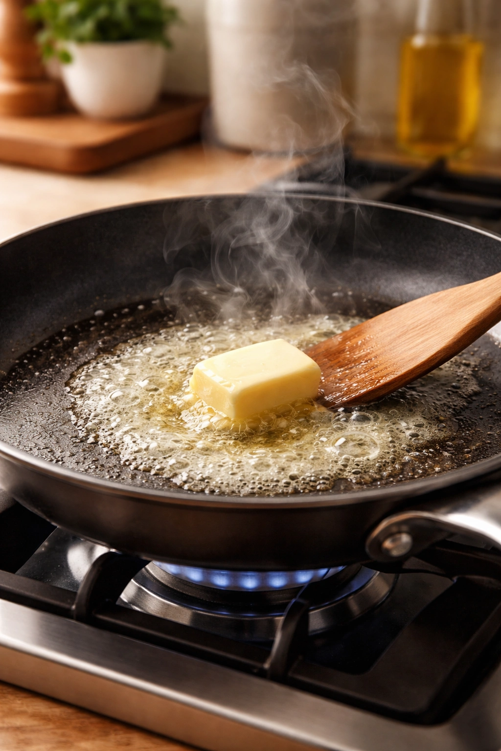 Skillet on a stove with butter melting evenly over medium heat