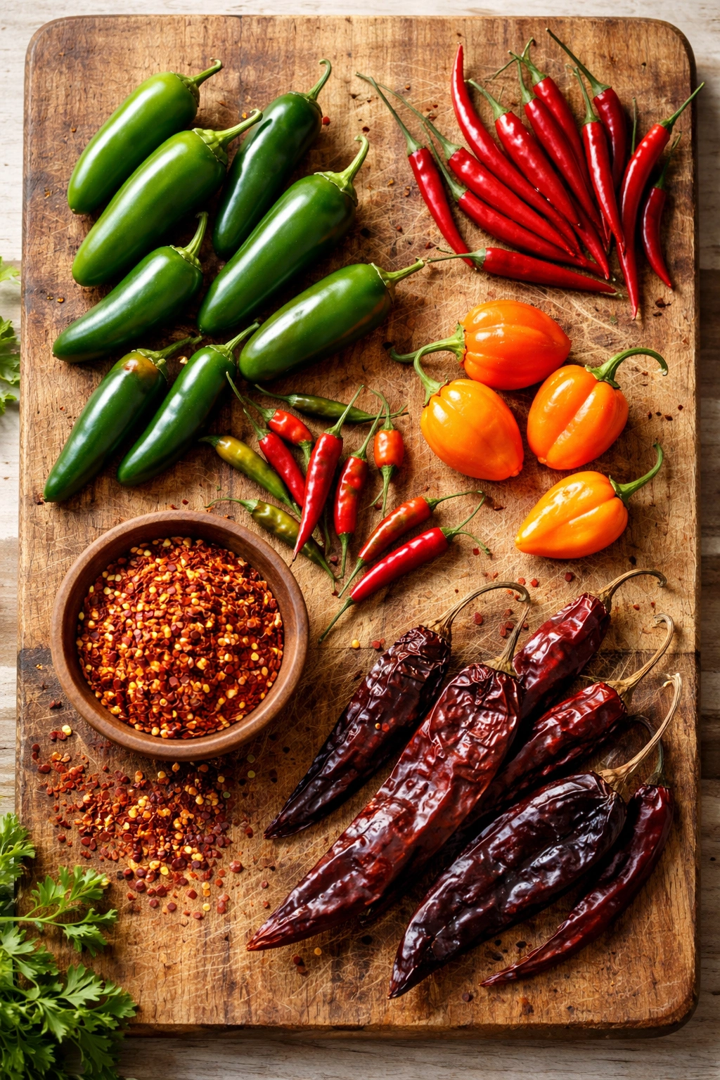 Fresh chilies and chili flakes arranged on a wooden board