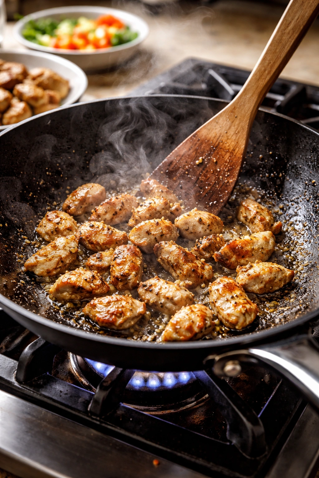 Sizzling chicken searing in a hot wok to illustrate heat management and batch cooking