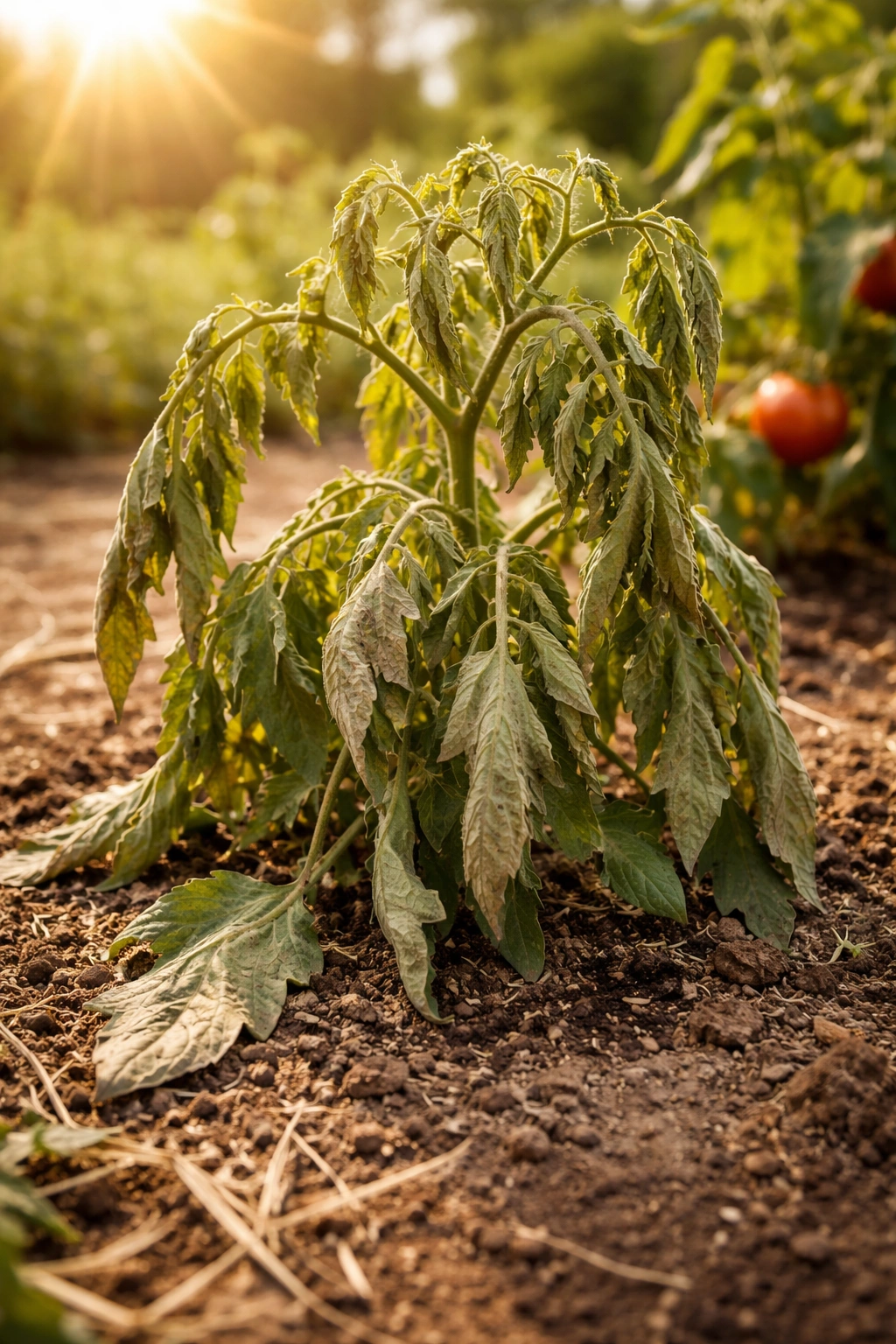 Tomato plant wilting under sun indicating heat stress in July