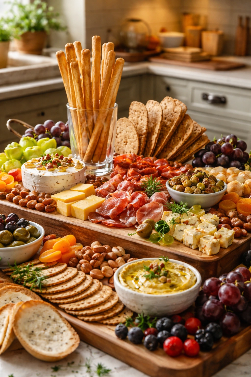 Grazing board with breadsticks in a glass and crackers propped at angles for height