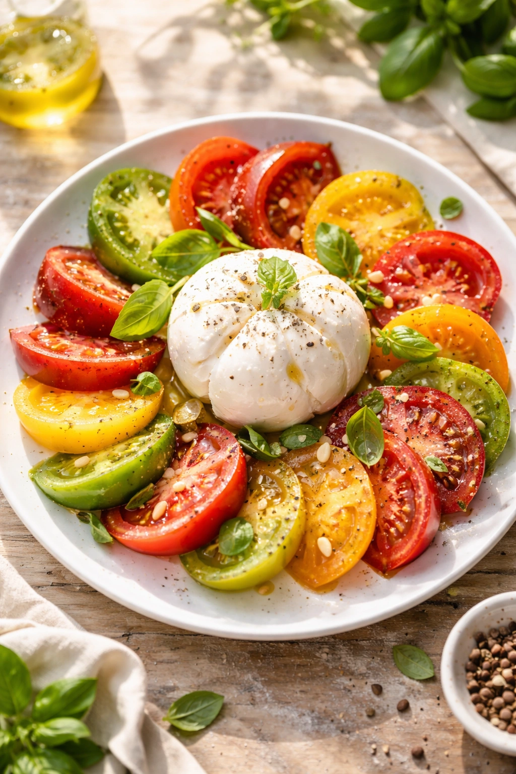 Colorful heirloom tomatoes with burrata on a plate, basil drizzle.