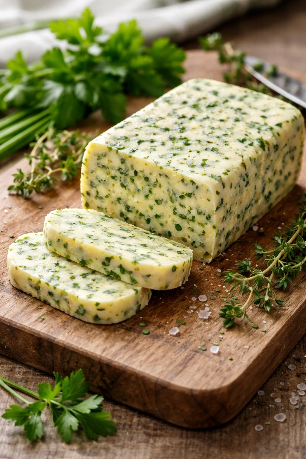 Close-up of herb compound butter on wooden board with fresh herbs