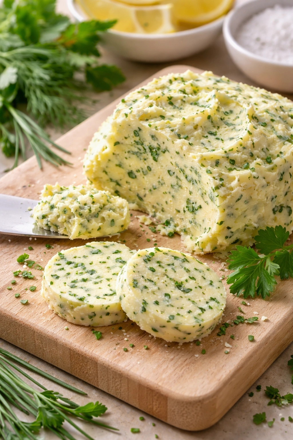 Close-up of pale herb-infused butter with green flecks on a wooden board