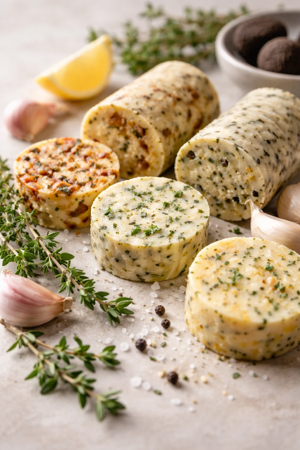 Herb compound butters with herbs on a clean surface