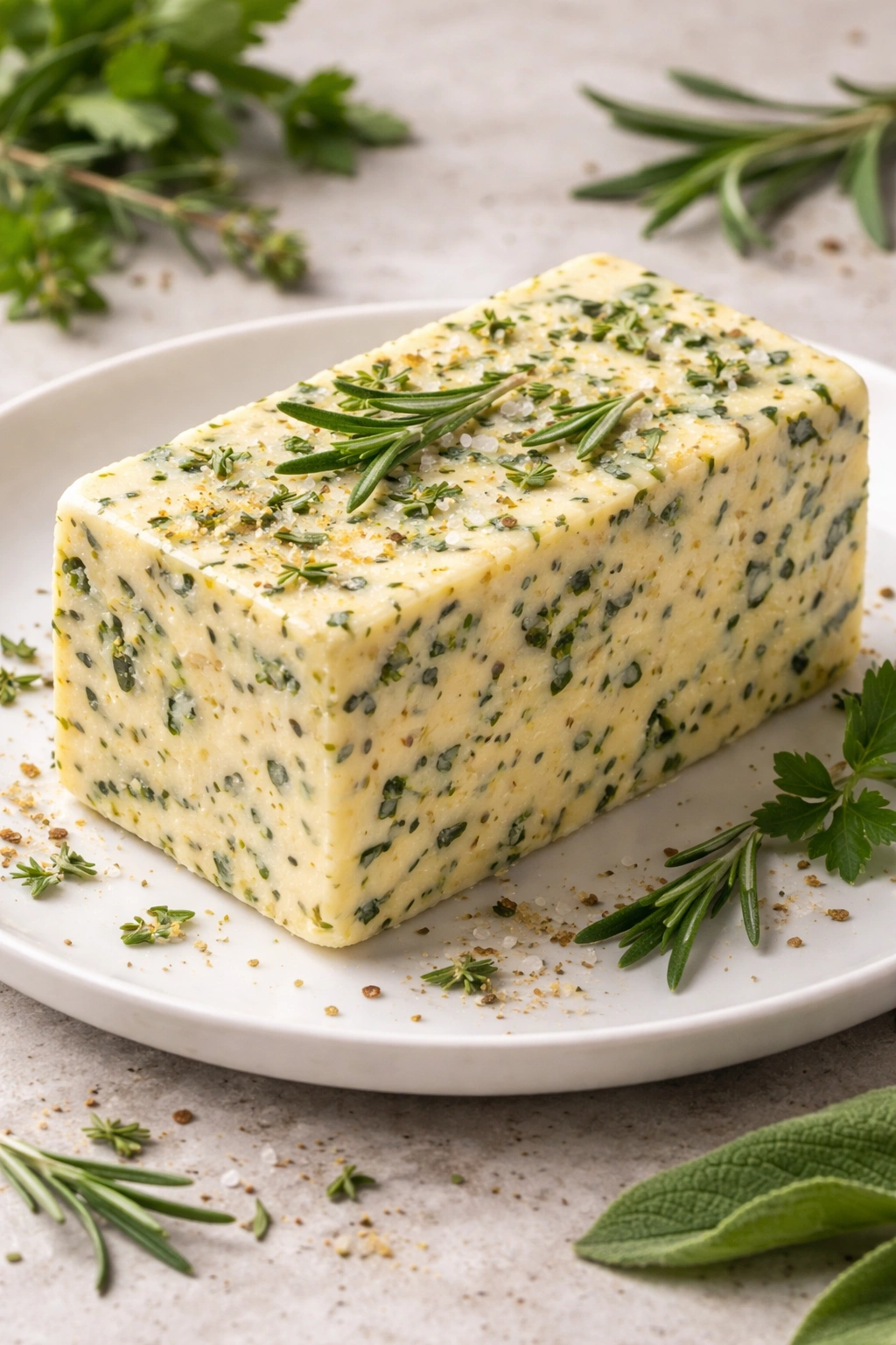 Soft herb butter with green flecks on a white plate