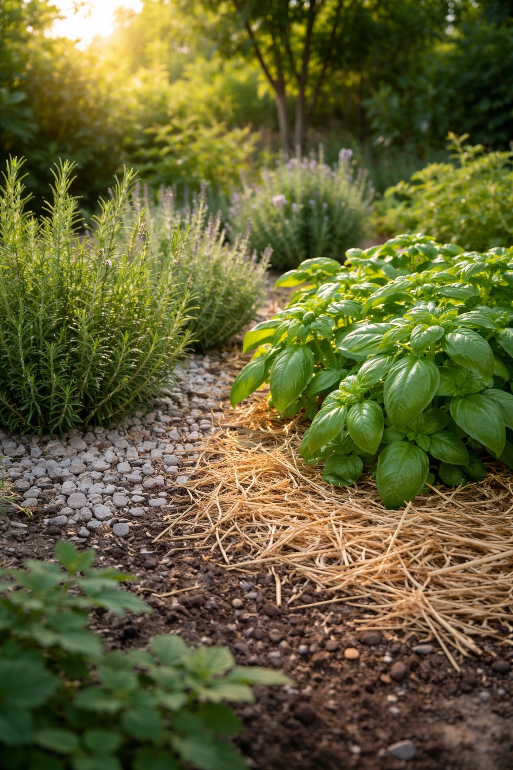 Herb garden mulched differently for dry and moist herbs
