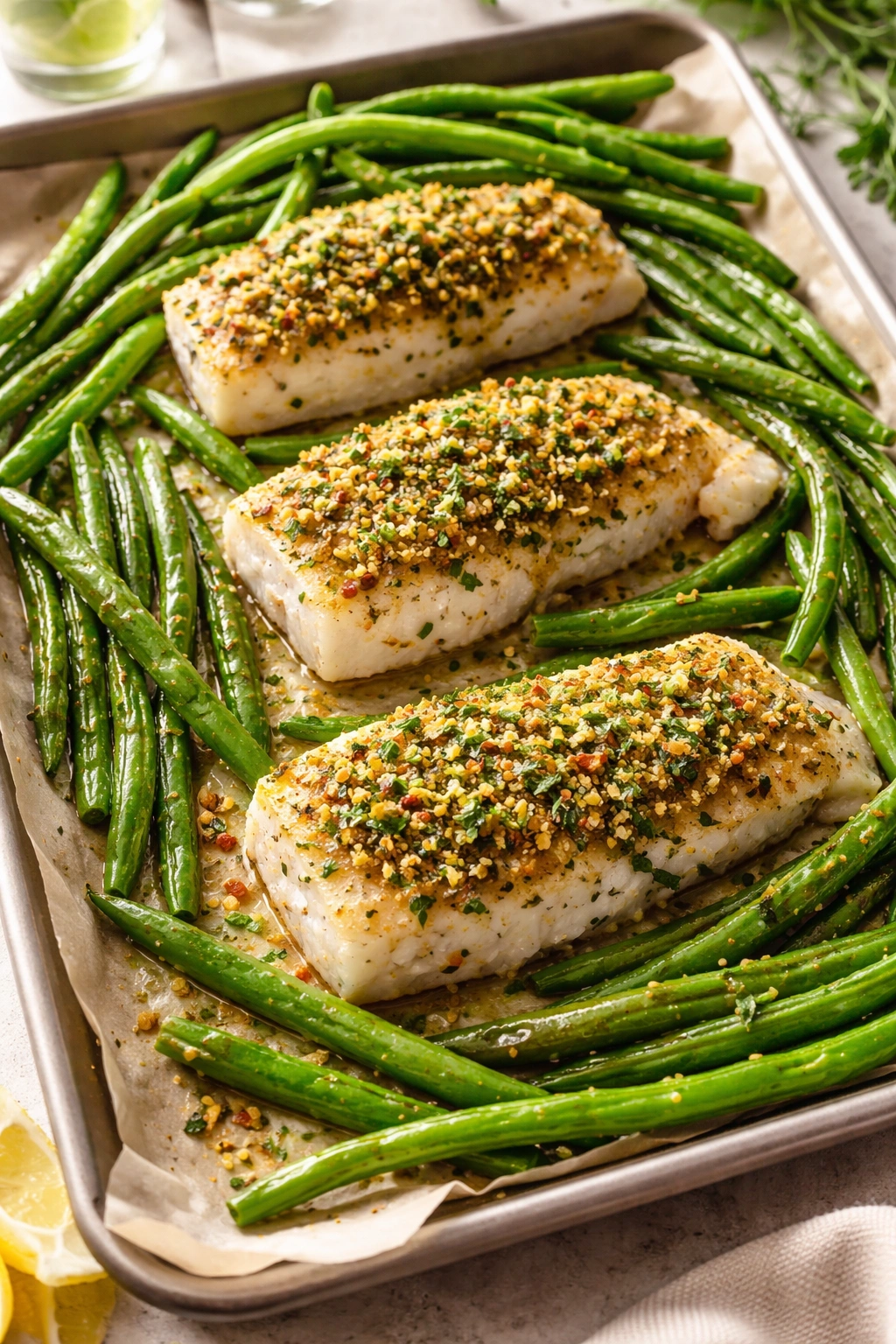 Cod fillets with golden herb crust and green beans on parchment-lined baking sheet