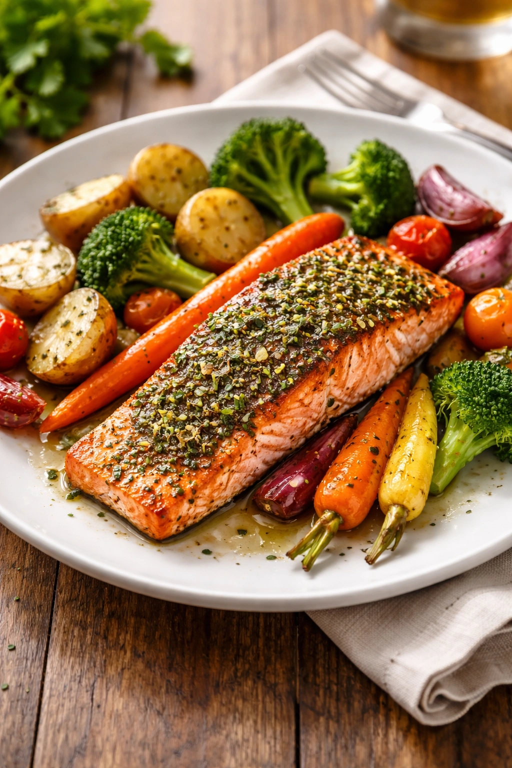 Herb-crusted salmon with roasted vegetables on a plate