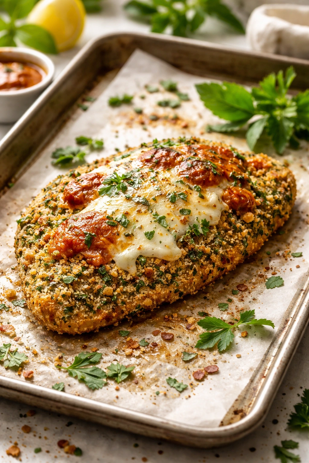 Herb-forward crust on chicken cutlet ready to bake