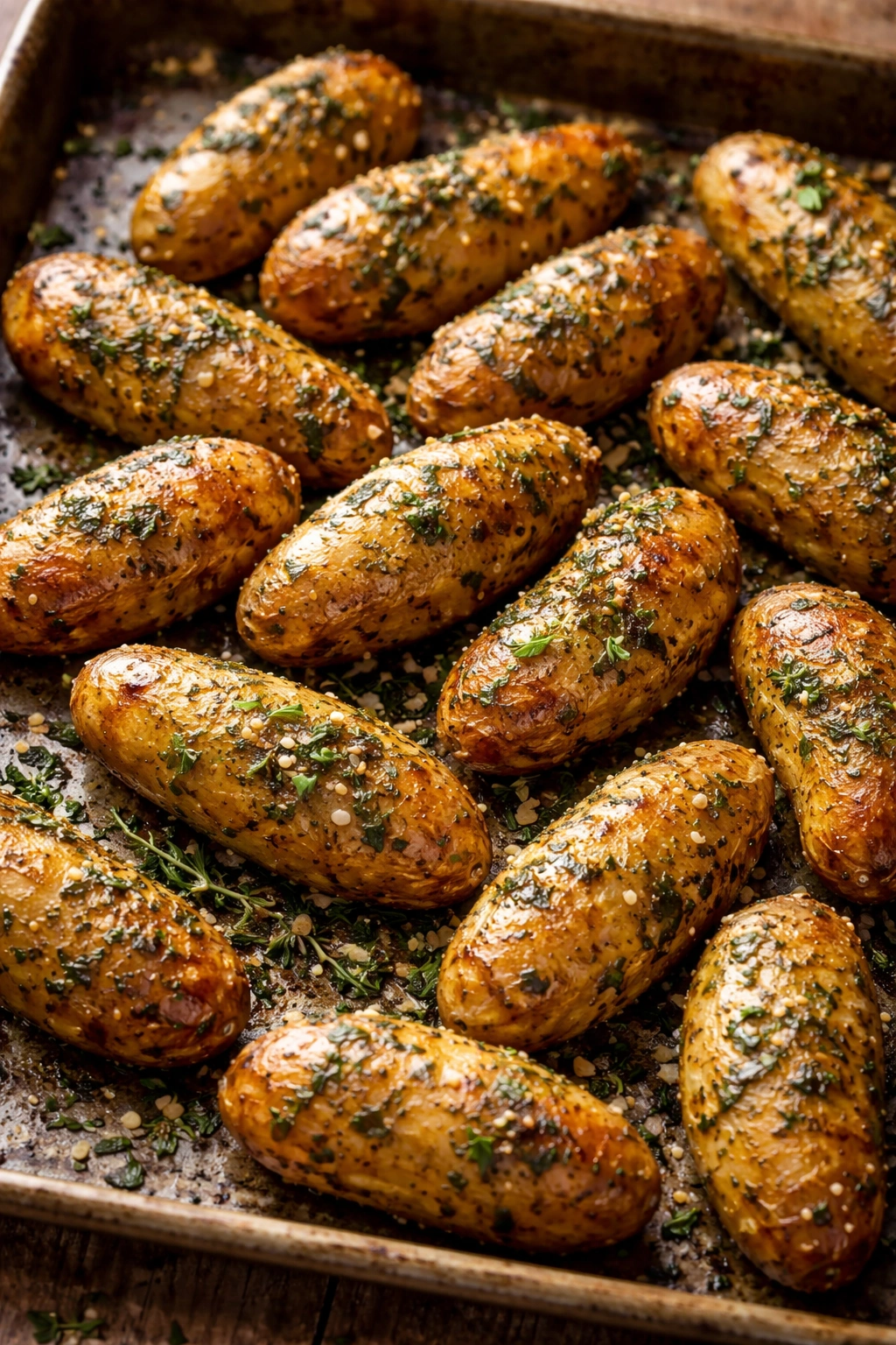 Crispy herb-crusted fingerling potatoes on a baking sheet