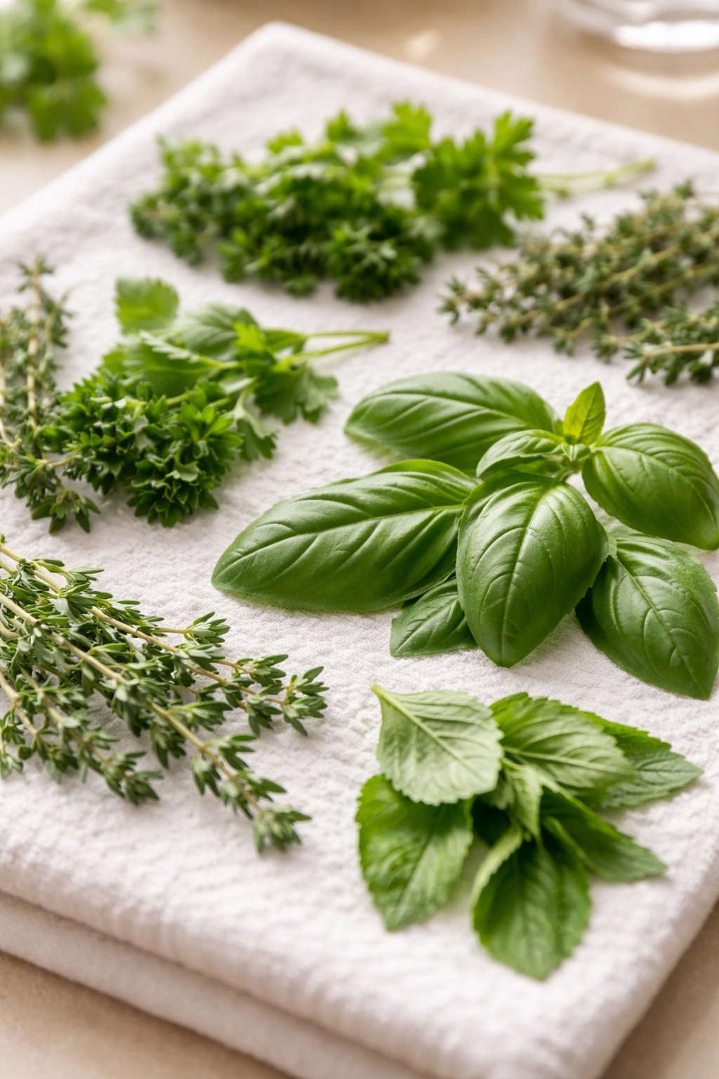 Dry herbs laid on a clean towel, moisture-free for storage