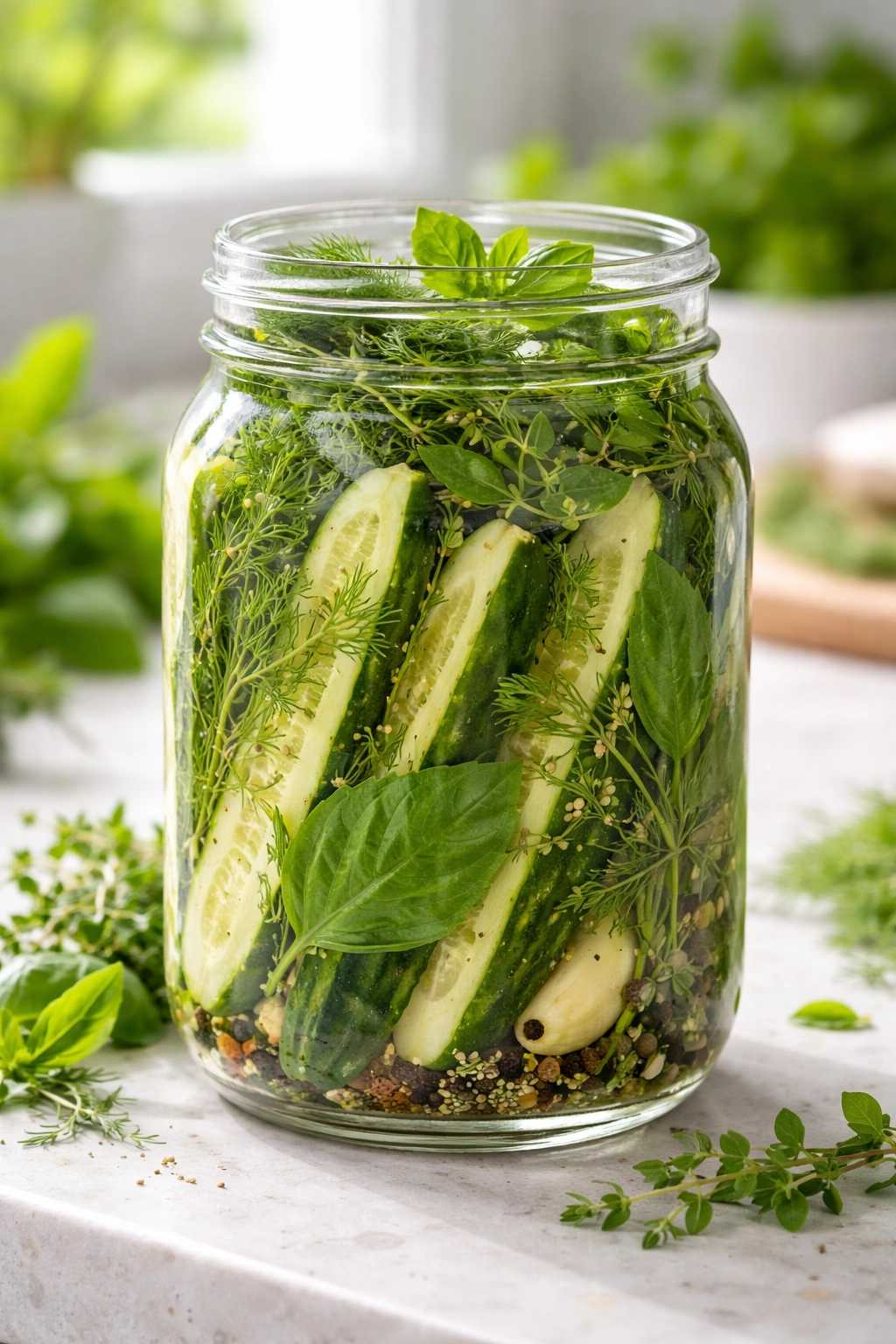 Jar of herb garden pickles with multiple herbs in brine