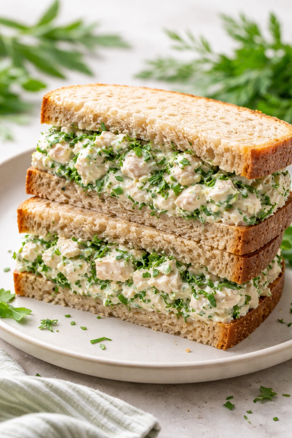 Cross-section of herb-infused chicken salad showing fresh herbs