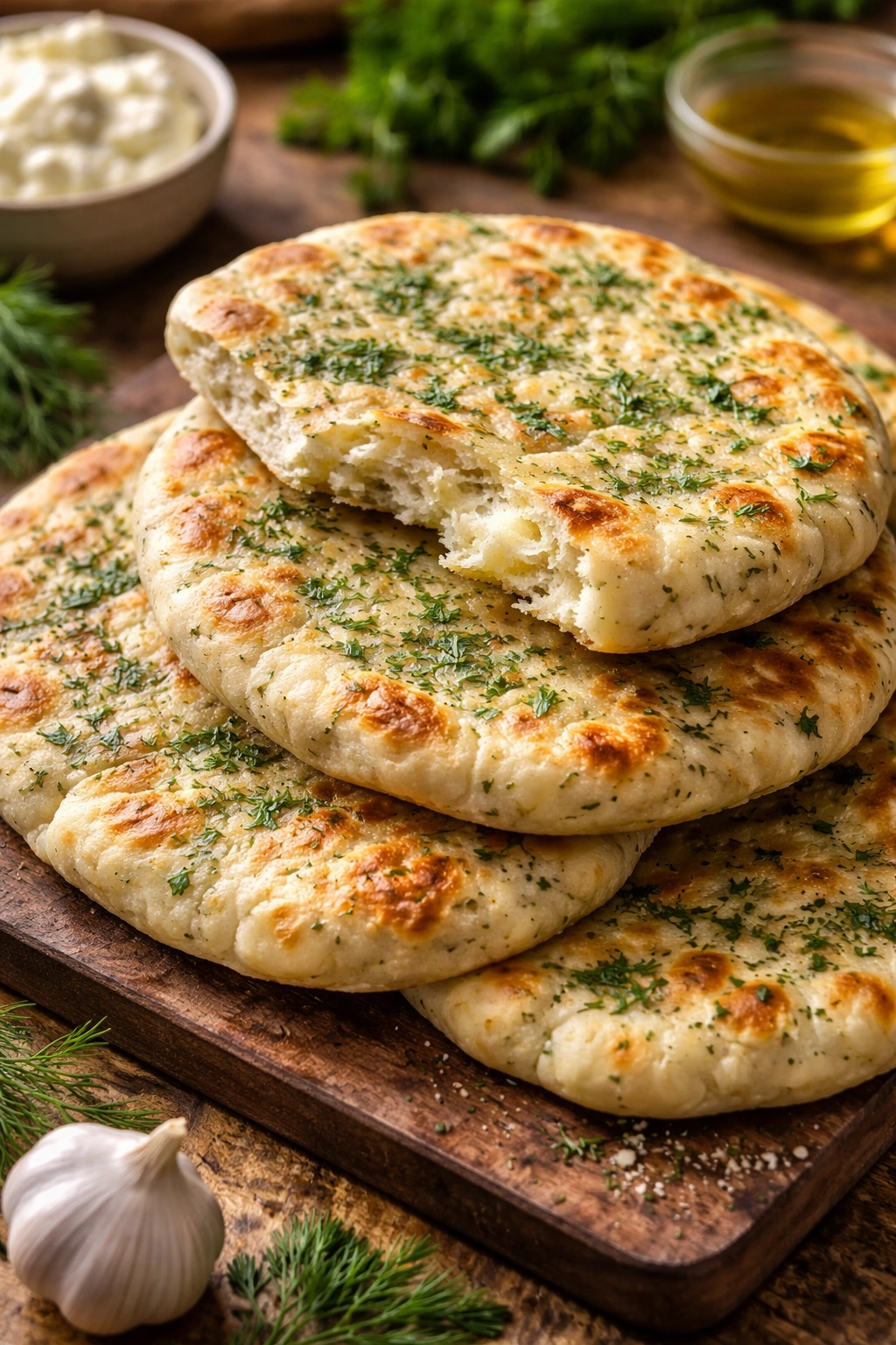 Herb-infused flatbread with visible herb flecks on crust