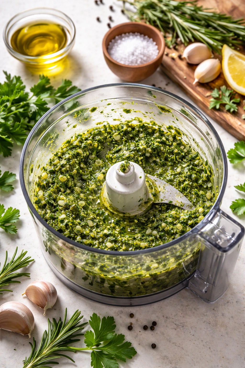 Herb marinade paste with garlic, rosemary and parsley in a processor