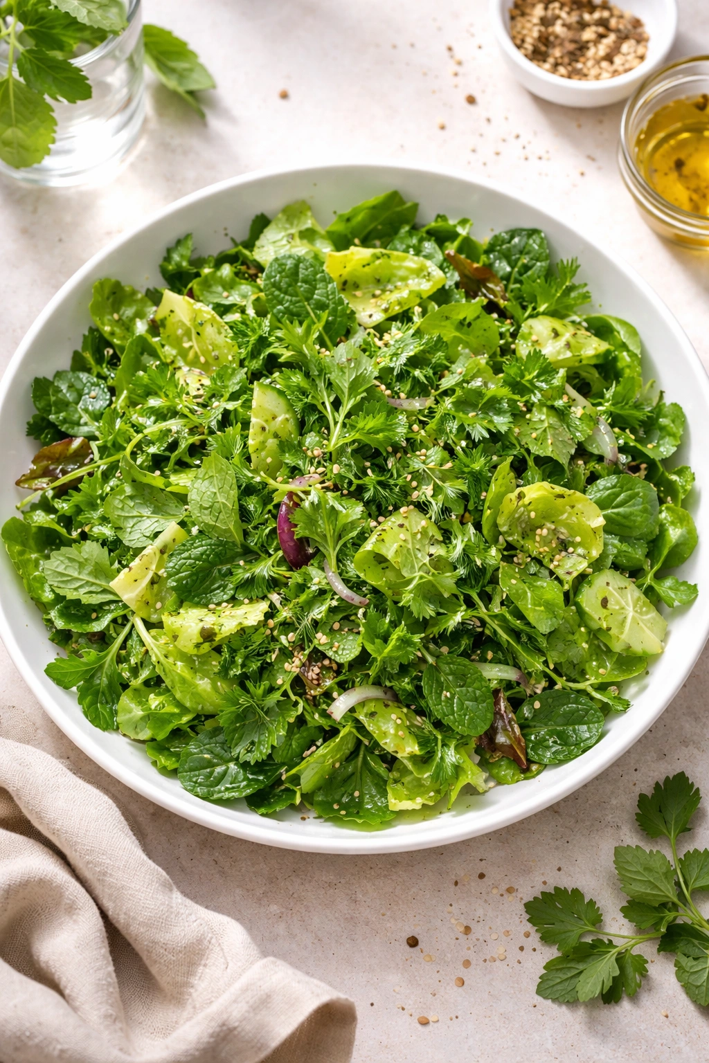Fresh herb salad with vinaigrette in a white bowl