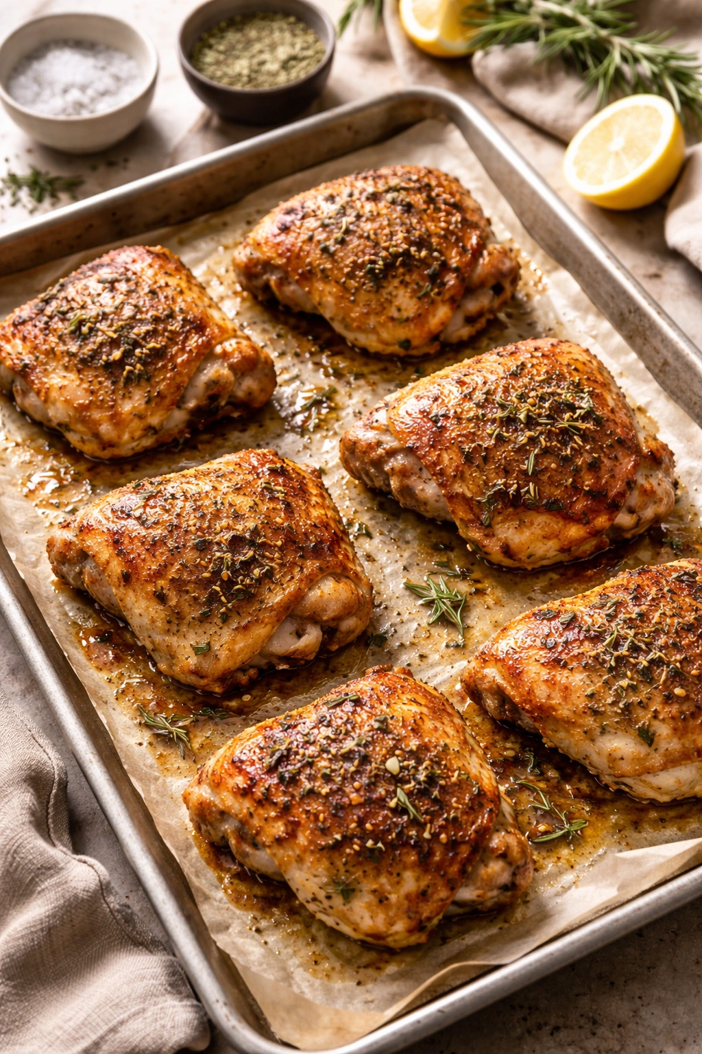 Herb-seasoned baked chicken thighs on parchment-lined sheet with olive oil and herbs