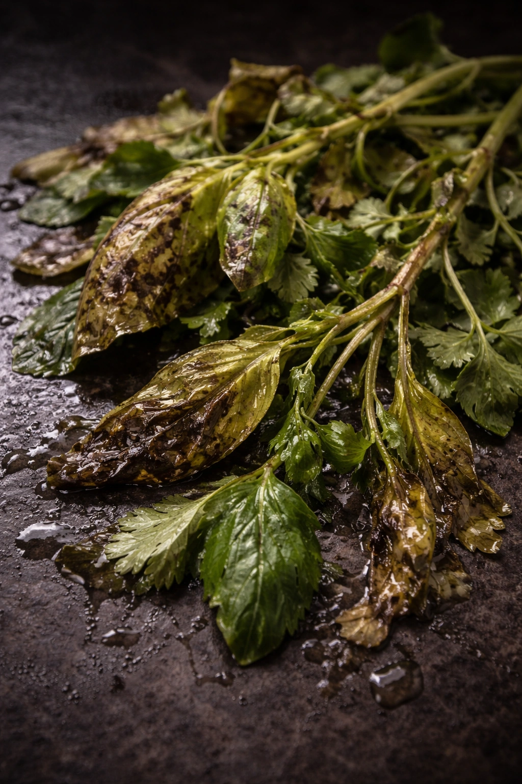 Wilted herbs showing yellow edges, brown spots, and slimy stems indicating spoilage