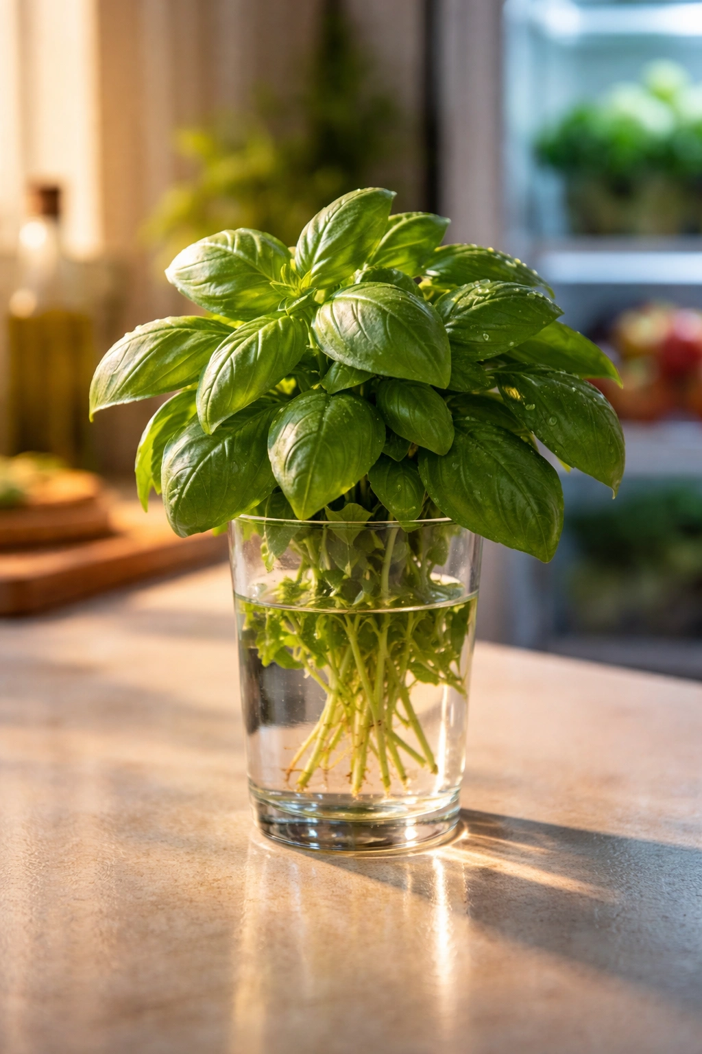 Basil in water on a warm counter suggesting room-temperature storage