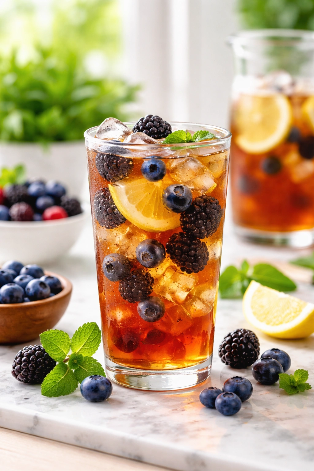 Glass of iced herbal tea with berries and ice