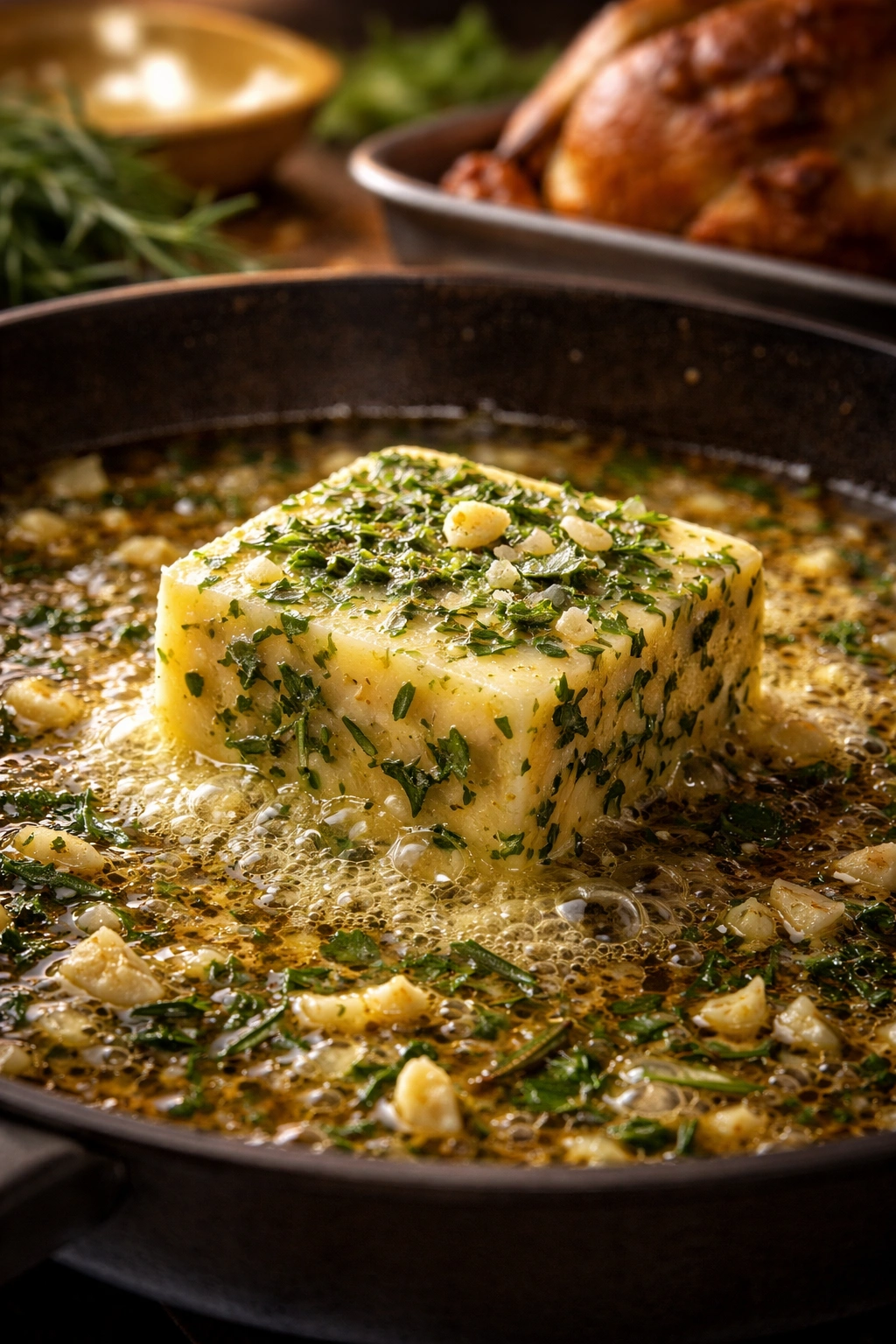 Close-up of herb-infused butter with garlic and herbs melting in a pan for turkey basting