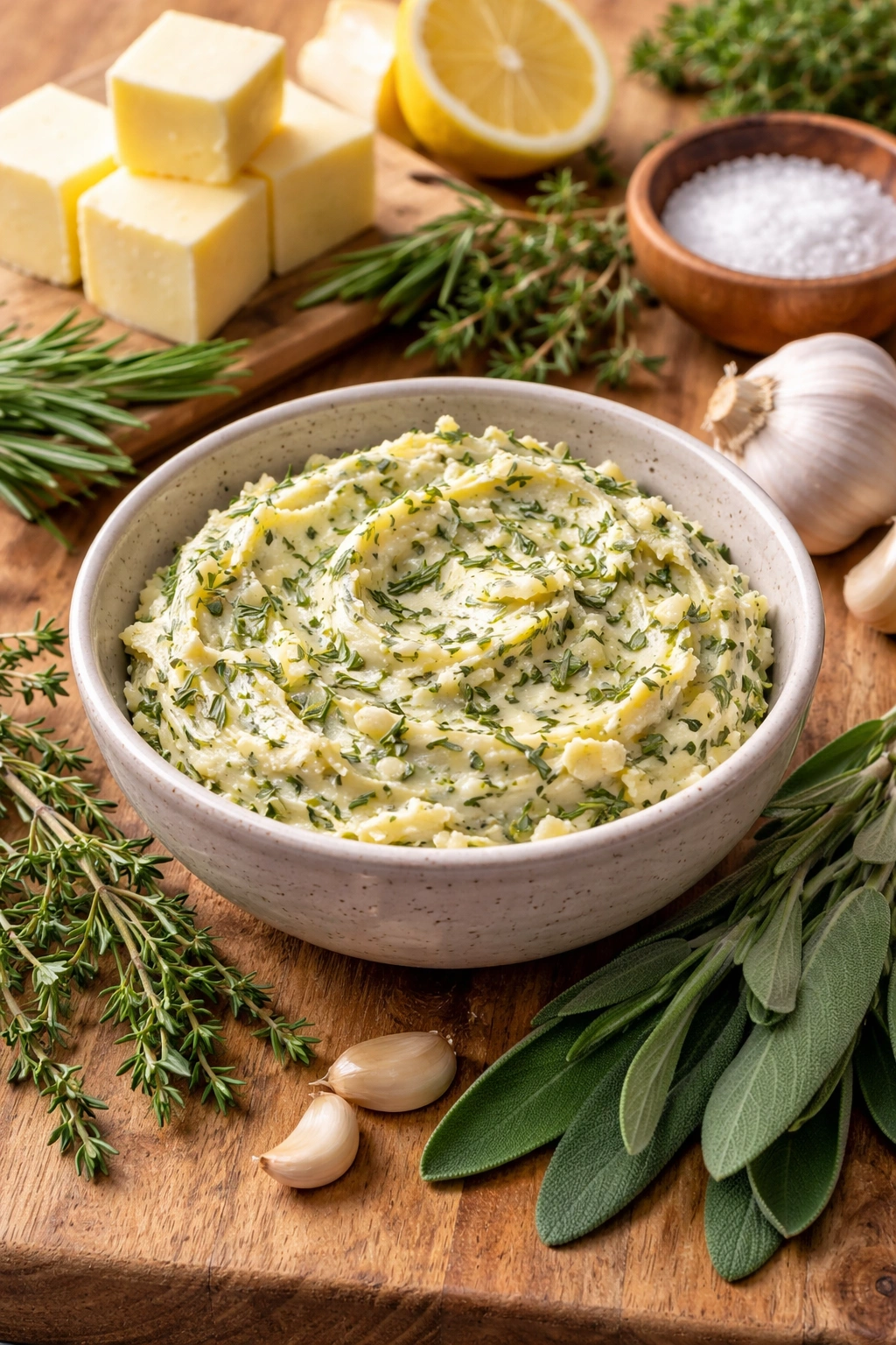 Bowl of soft herbed butter with garlic and chopped herbs ready to use