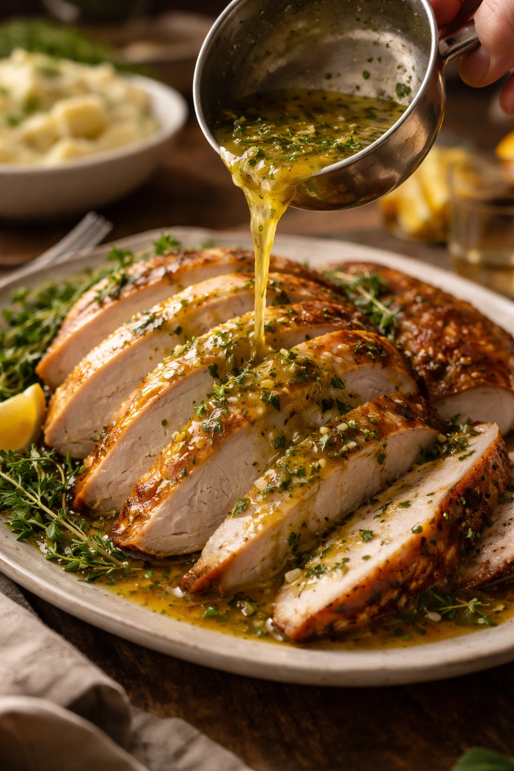 Melted herbed butter pouring over roasted turkey slices