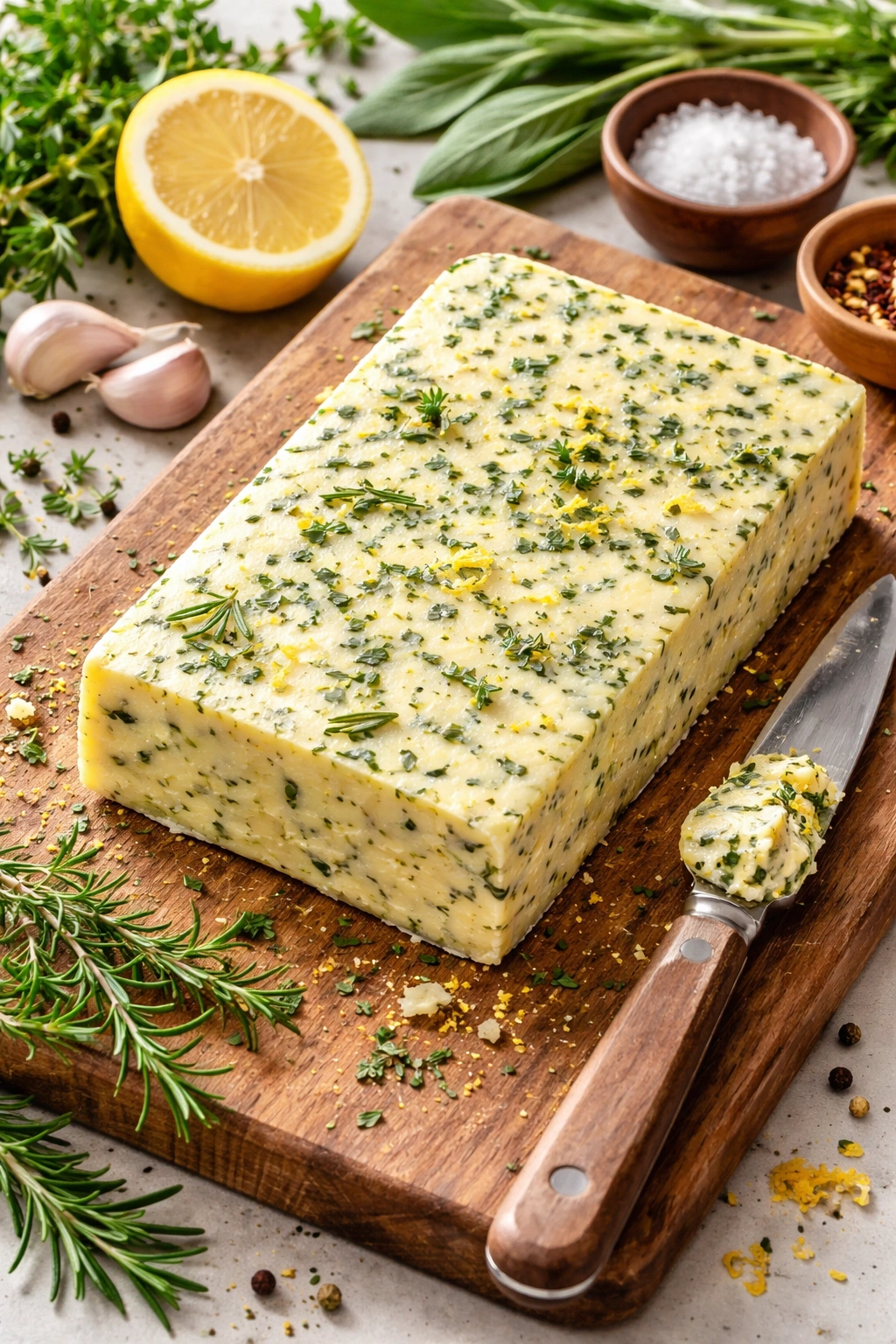 Herbed butter with herbs and zest on a wooden board