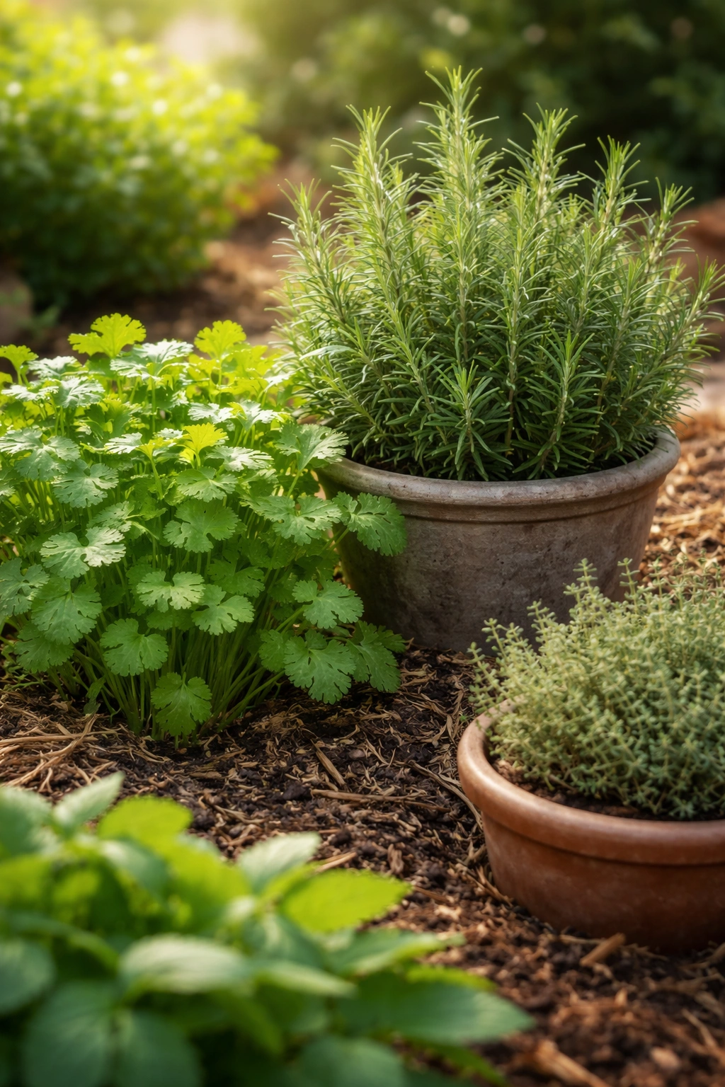 Lush cilantro, rosemary, and thyme thriving in a September herb garden