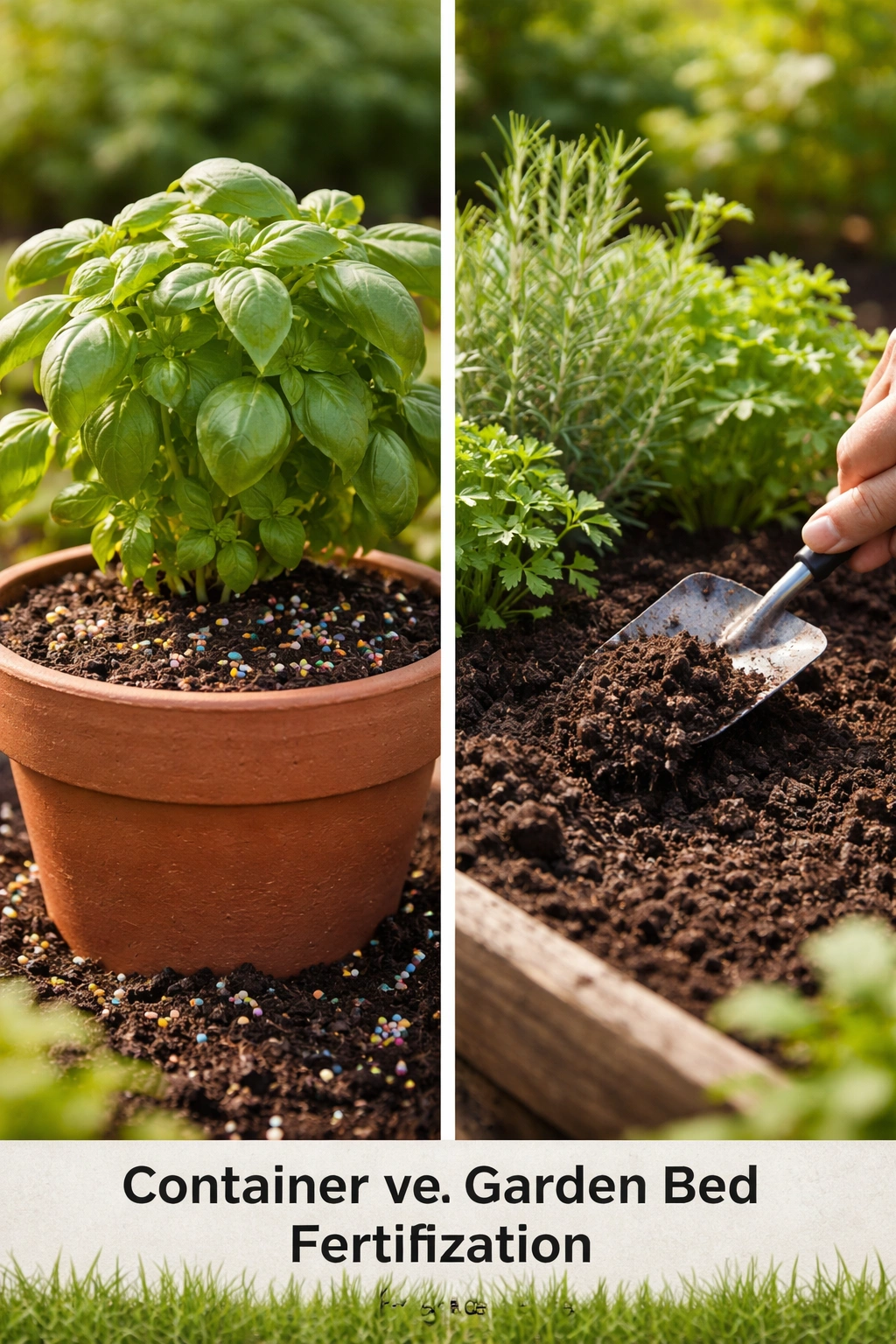 Split view of herb in container soil with fertilizer granules and herb garden bed with compost, illustrating fertilization differences