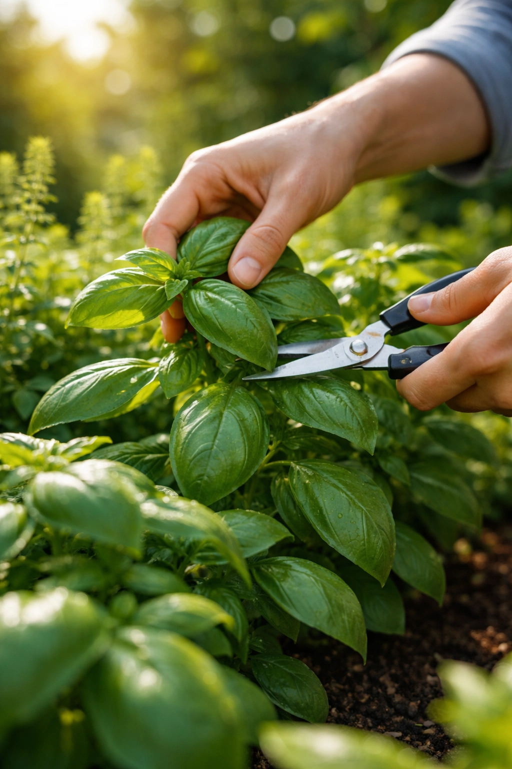 Hand clipping basil leaves in a sunlit herb garden
