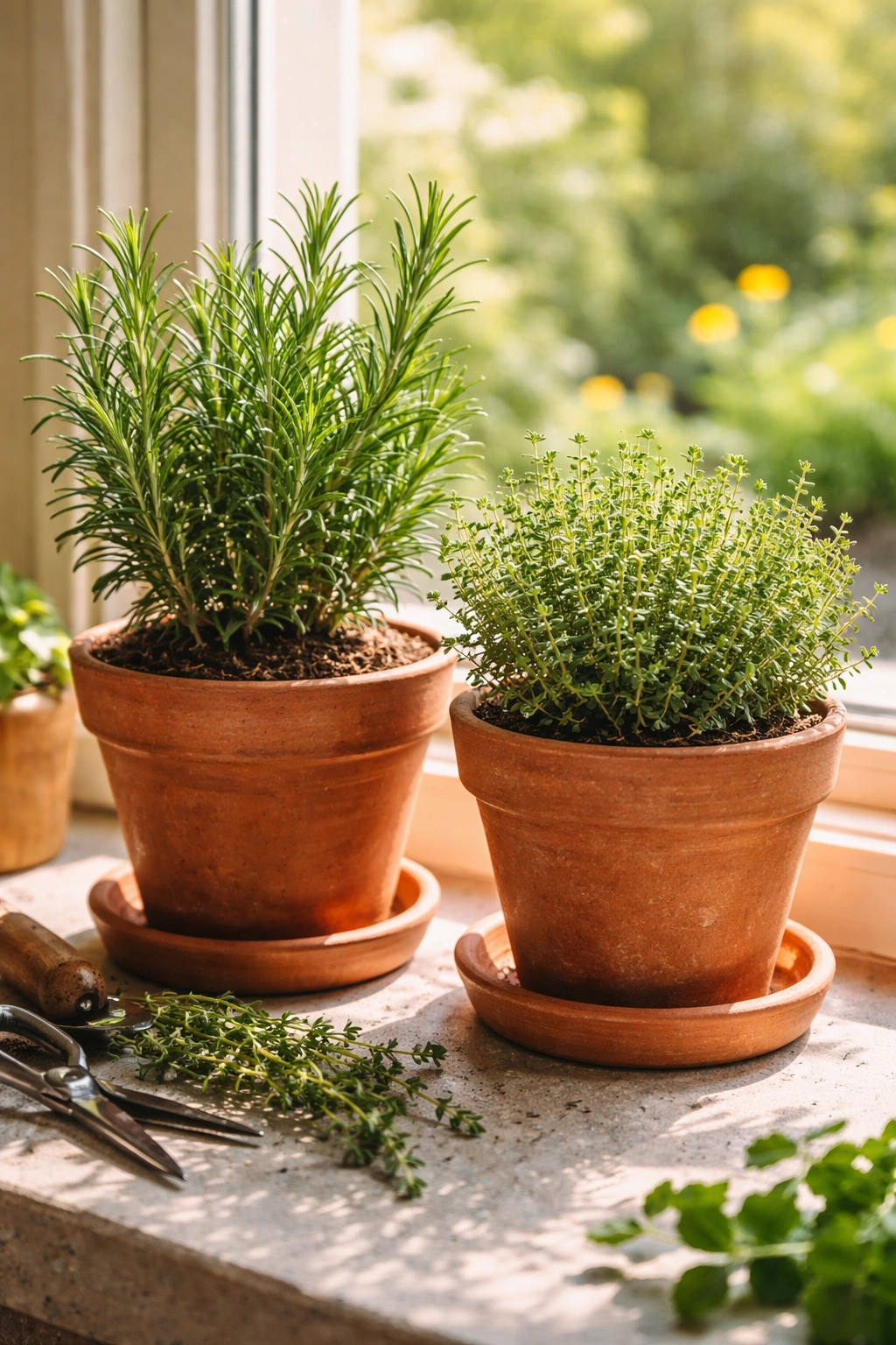 Rosemary and thyme in pots on a sunny windowsill