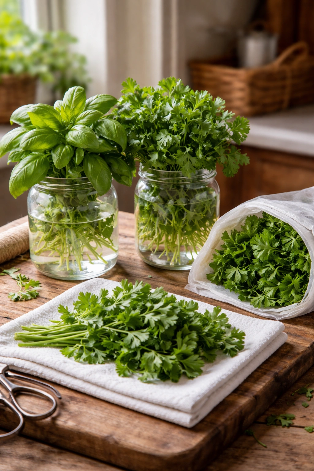 Close-up of basil, cilantro, and parsley prepared for storage with water method jars and towels