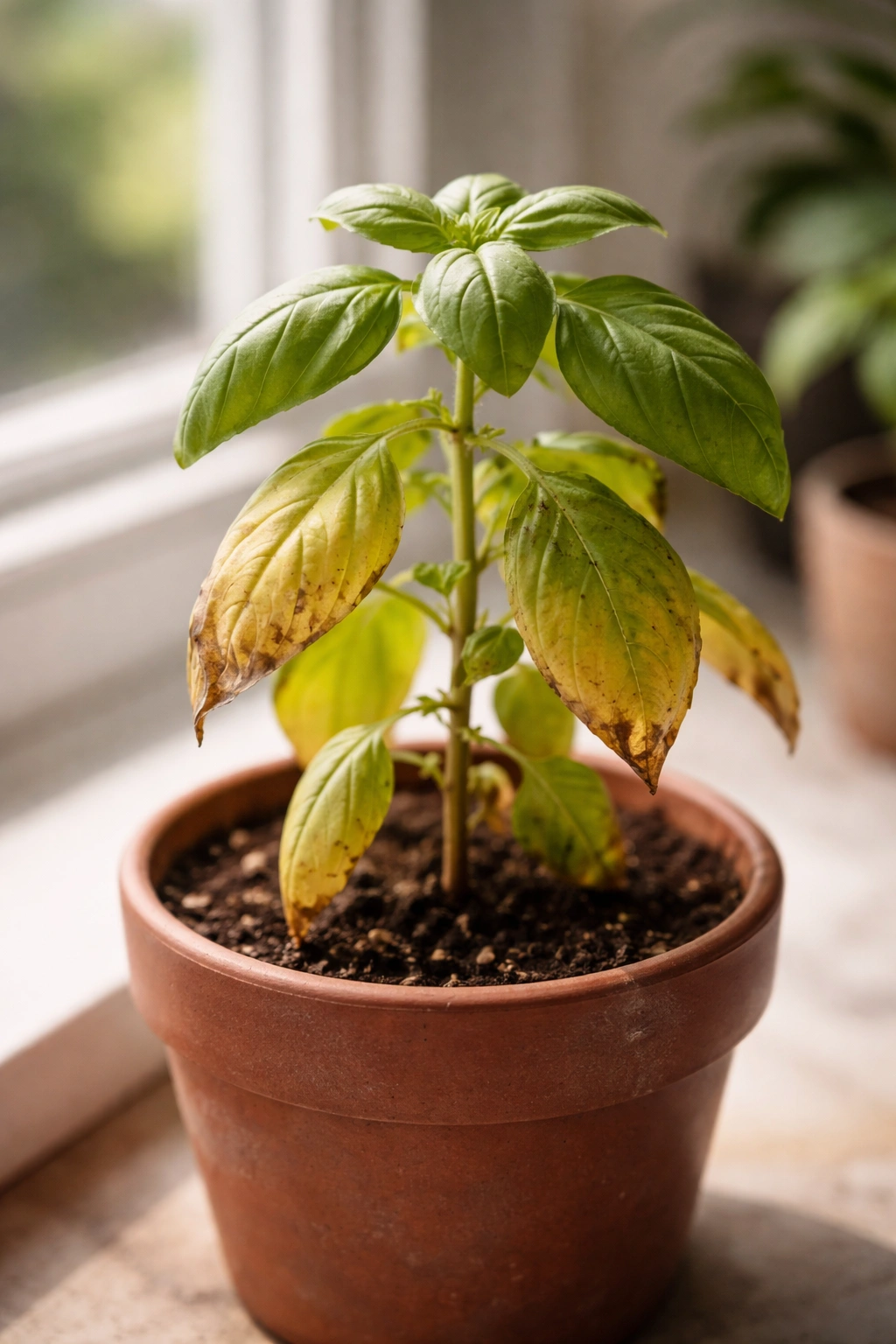 Single herb plant in a pot with yellowing lower leaves and brown tips, signaling common herb problems.