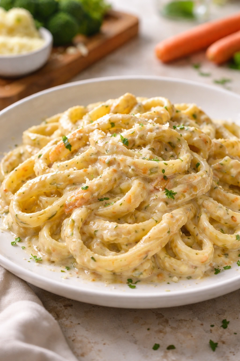 Creamy pasta with hidden vegetables in sauce
