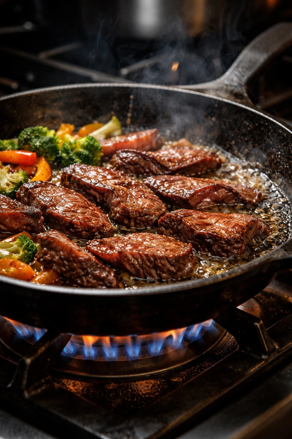 Beef searing in a hot skillet with a brown crust
