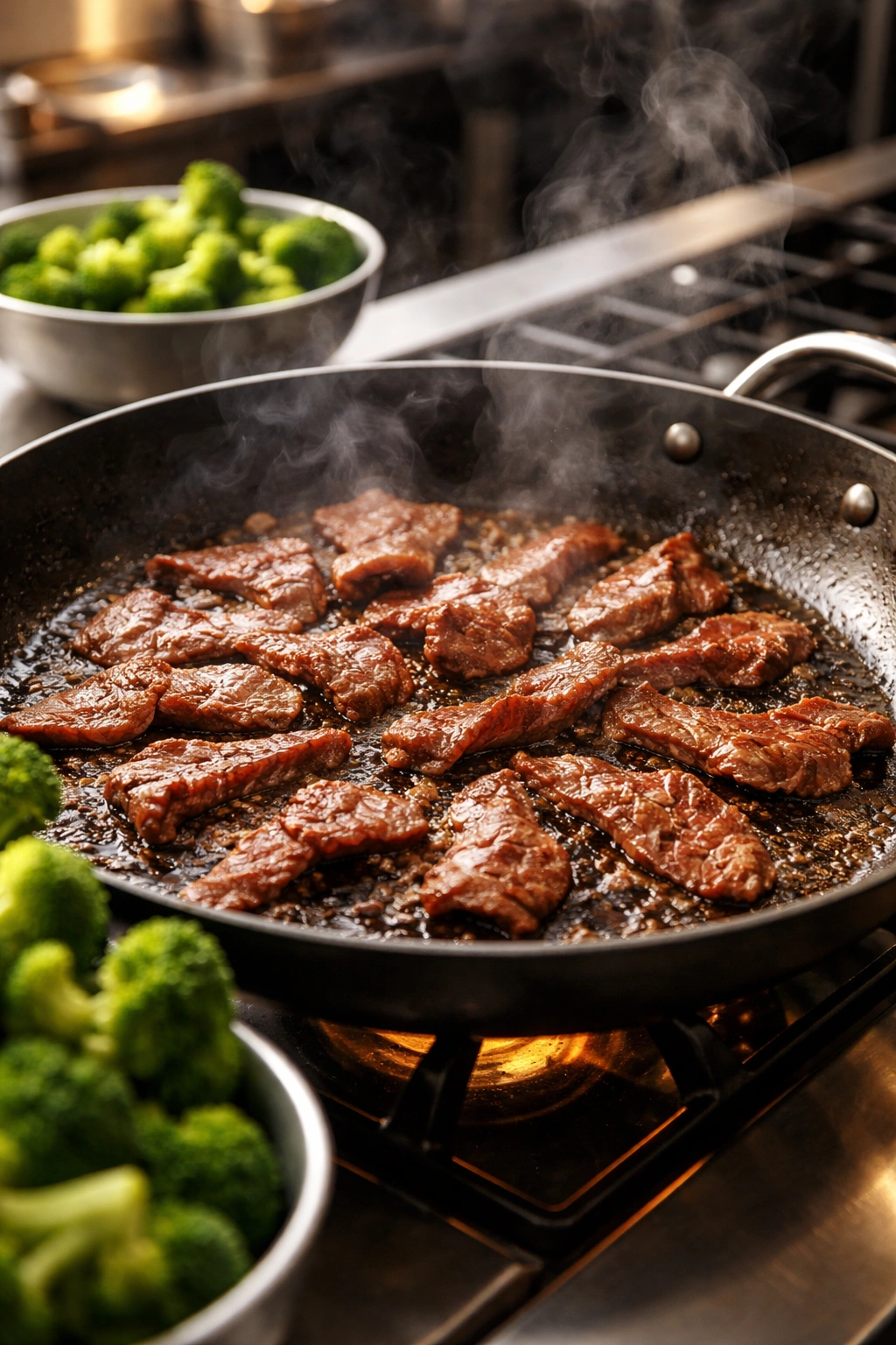 Beef searing in a hot skillet, emphasizing high-heat sear for restaurant-quality texture.
