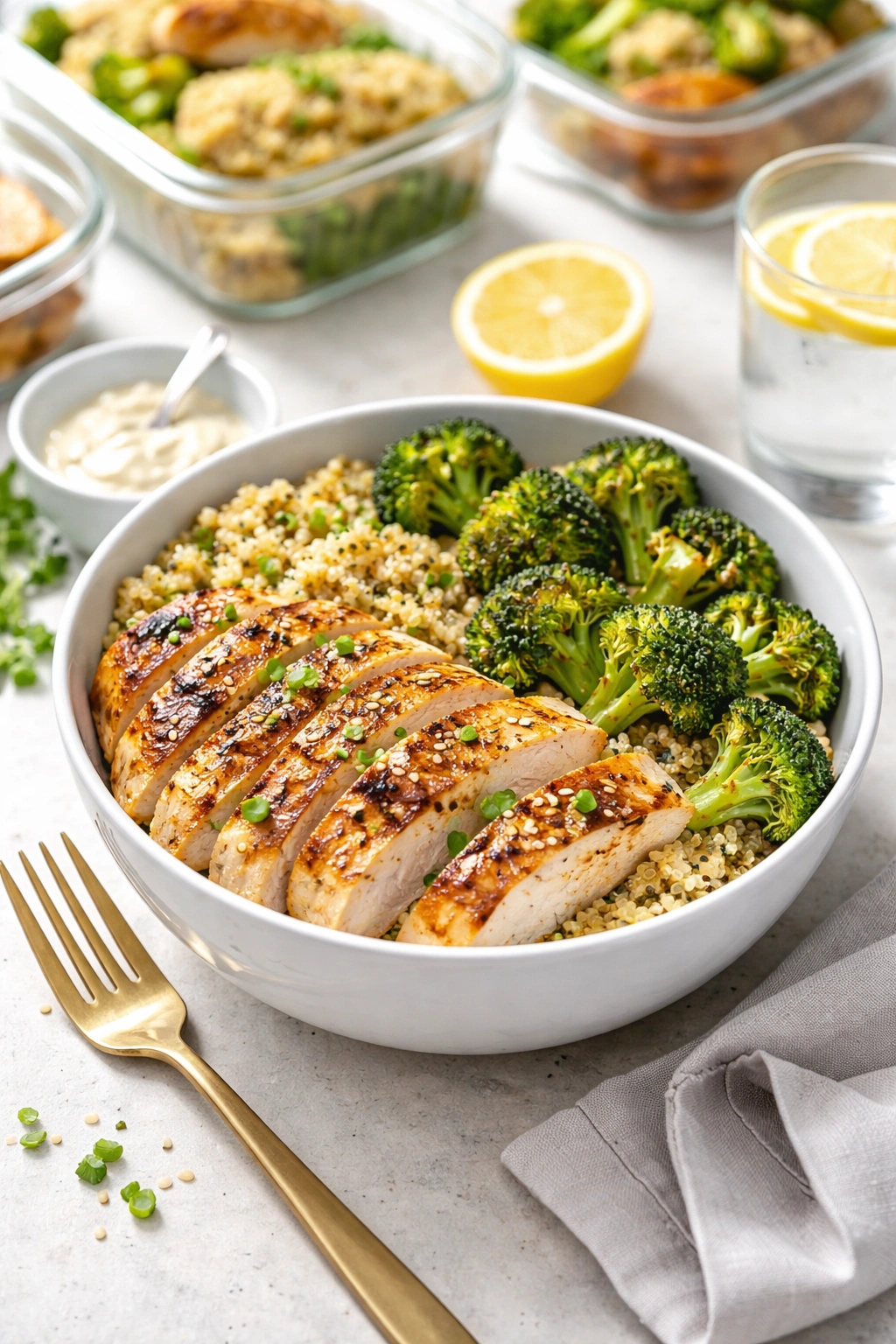 High-protein lunch bowl with chicken, quinoa, and broccoli for meal prep