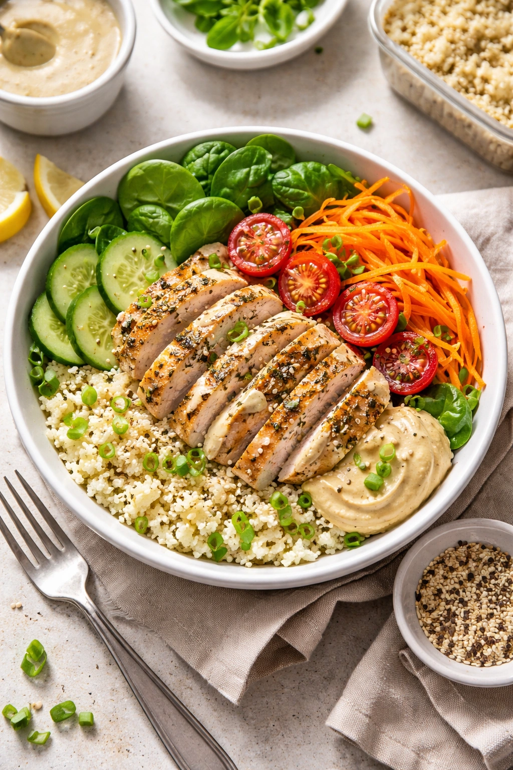 Top-down view of a high-protein lunch bowl with layered greens and cauliflower rice