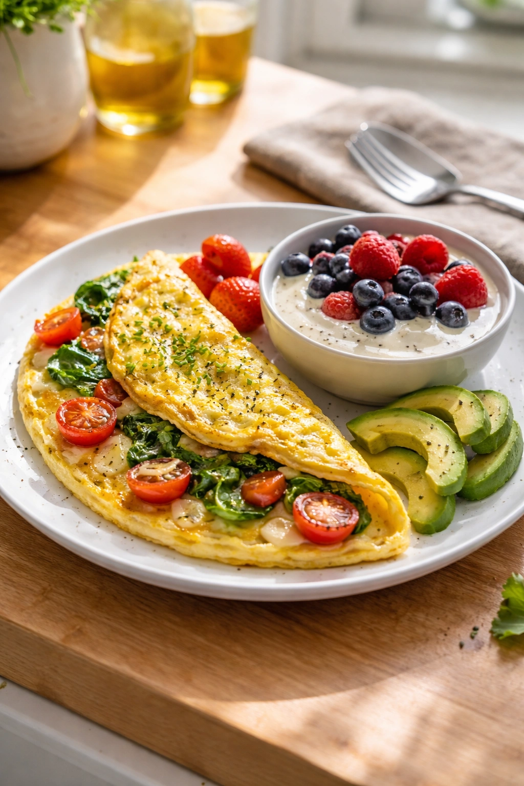 High-protein breakfast plate with eggs, spinach, yogurt, and berries