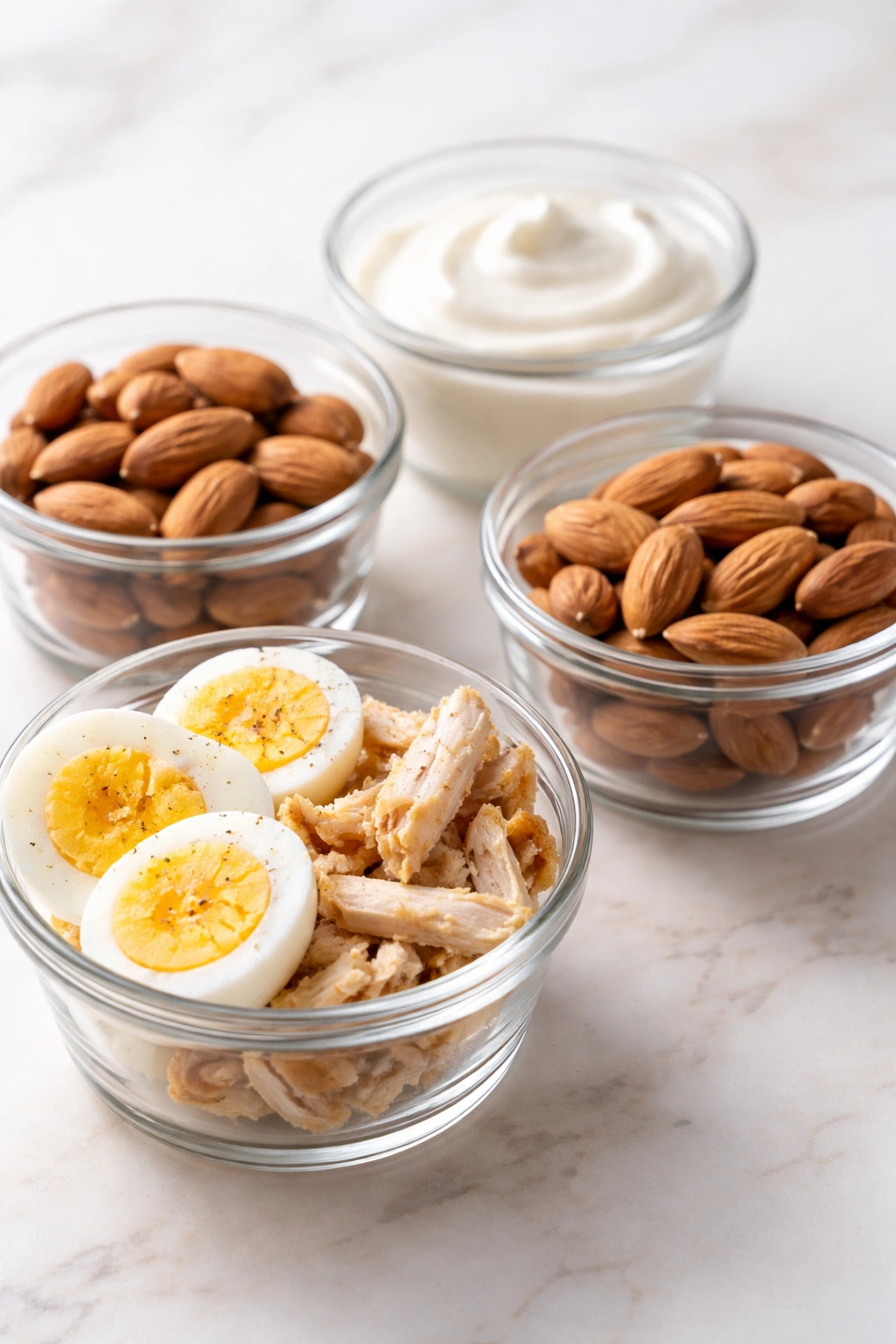 Close-up of high-protein snacks in individual containers highlighting consistency and simplicity