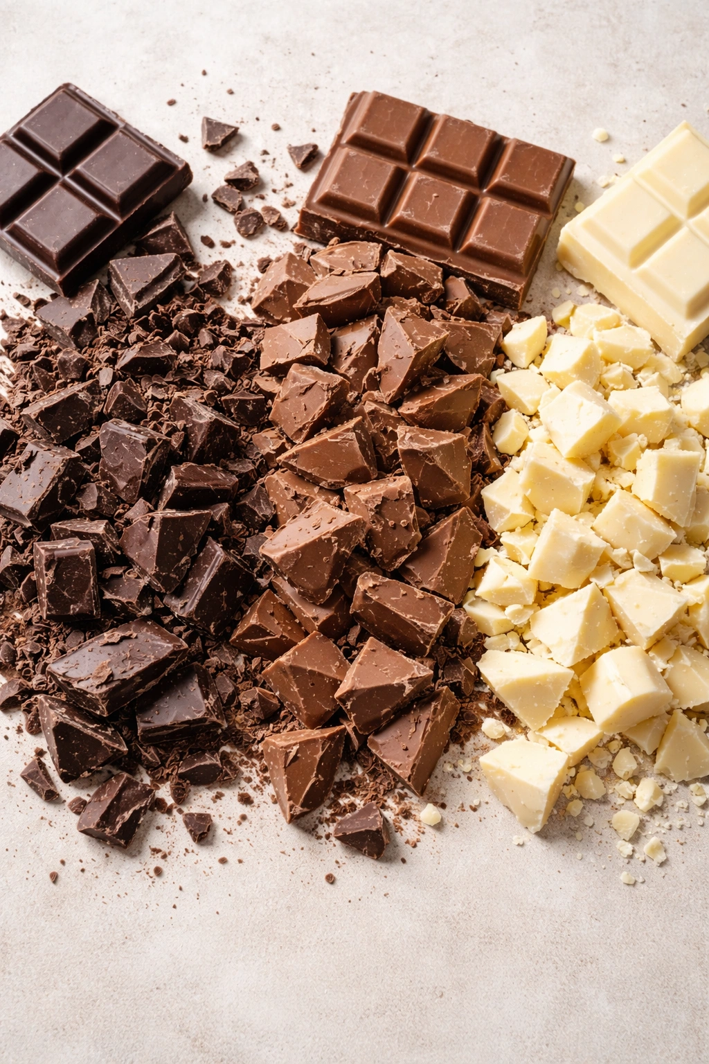 Top-down view of chopped premium chocolate for peppermint bark