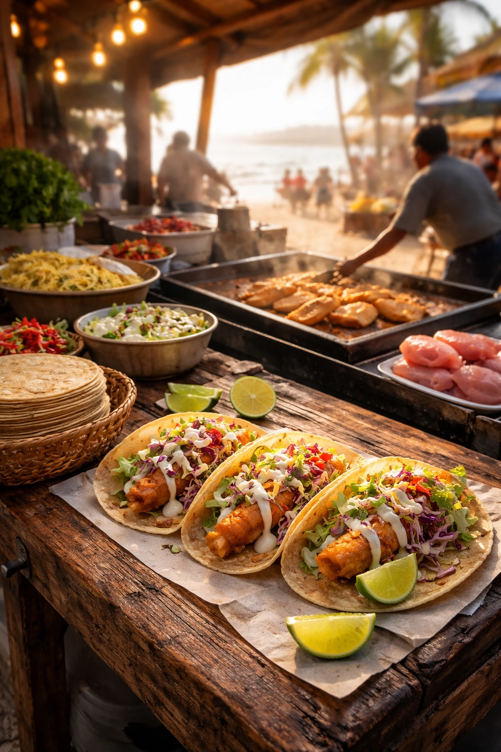 Rustic Baja street food scene suggesting origins of fish tacos