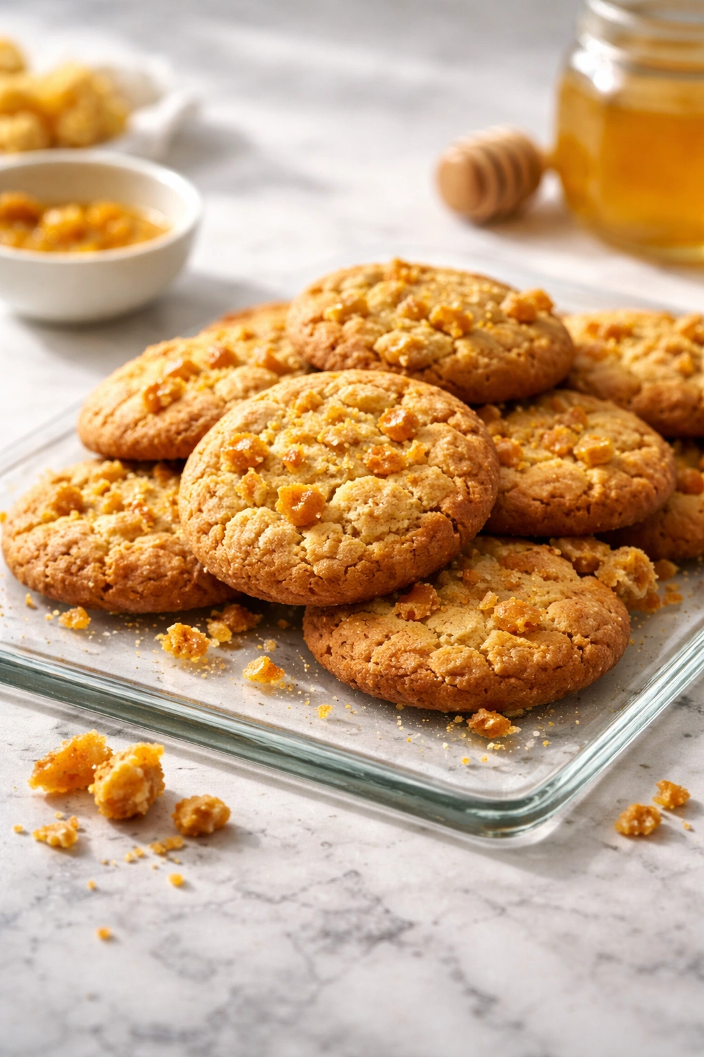 Hokey Pokey biscuits with honeycomb on a sleek platter