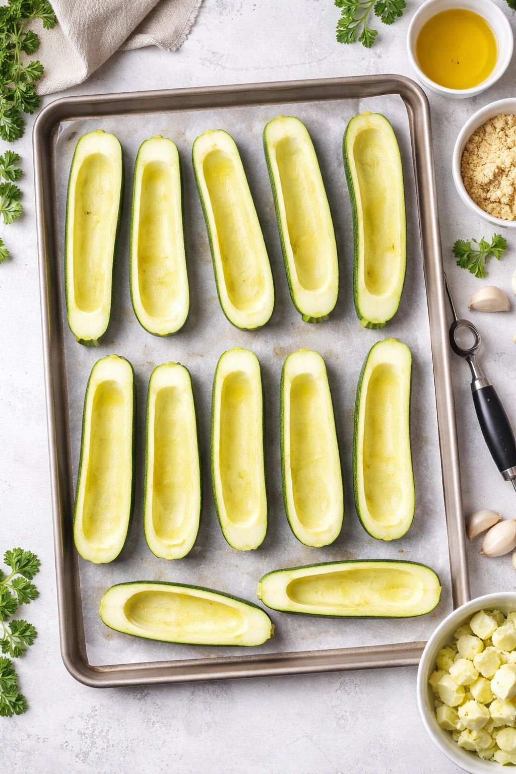 Hollowed zucchini boats on parchment-lined baking sheet