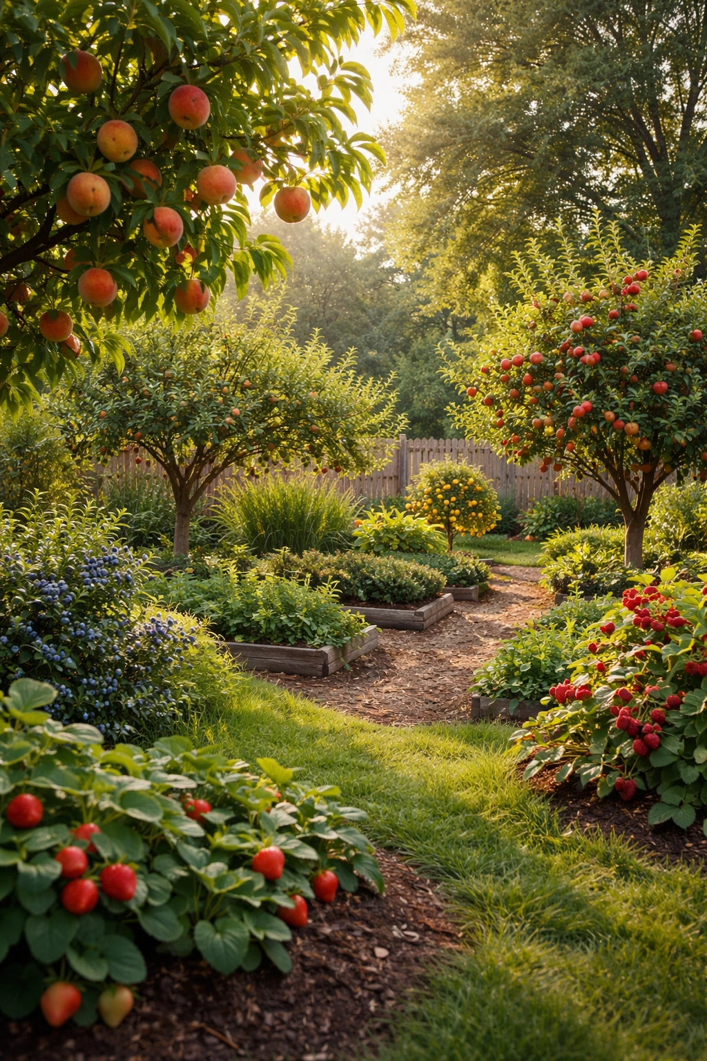 Backyard fruit garden with diverse fruit trees and berry bushes in sunlight
