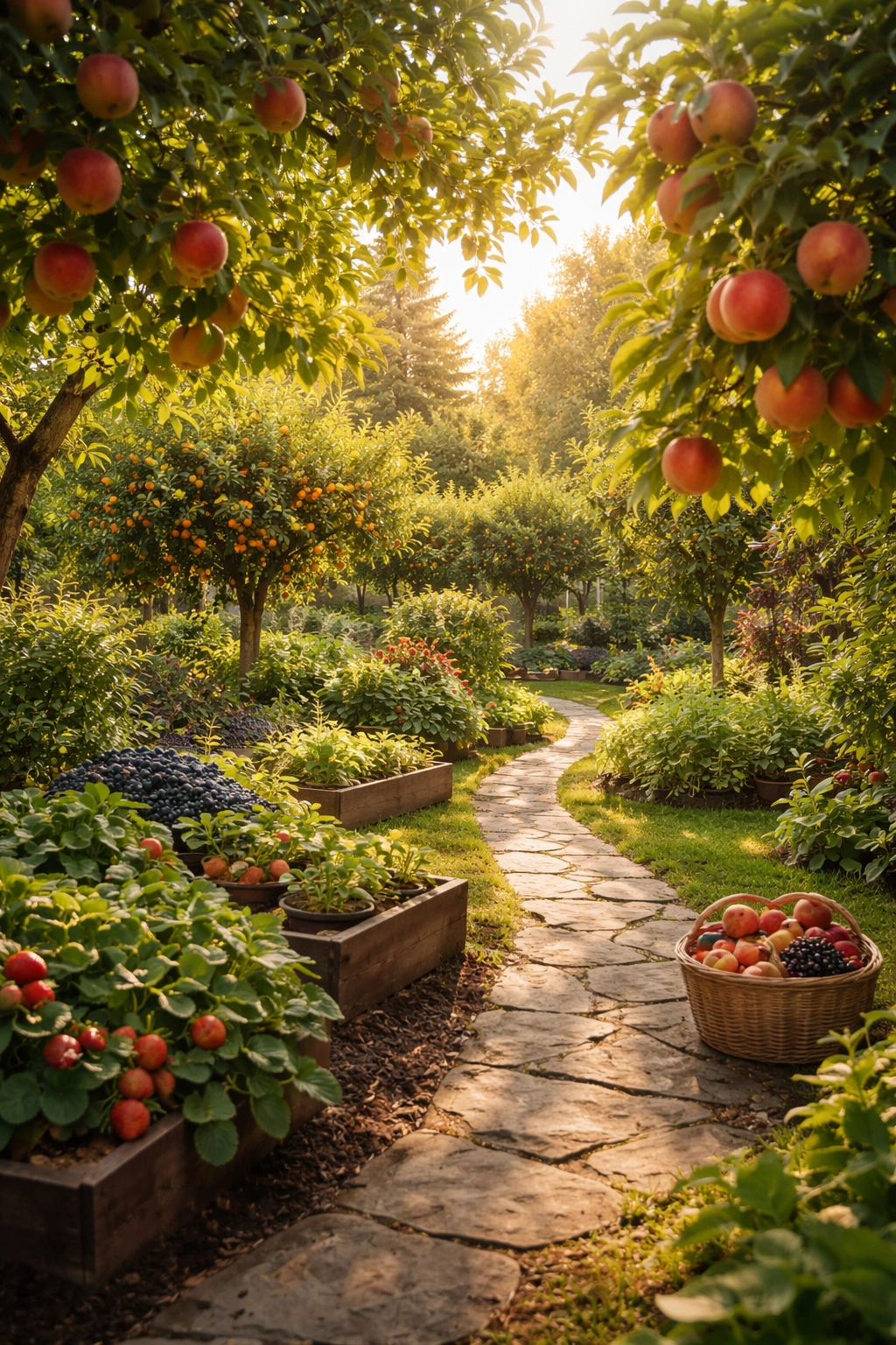Backyard fruit gardening in a sunlit garden featuring diverse fruit trees and lush greenery