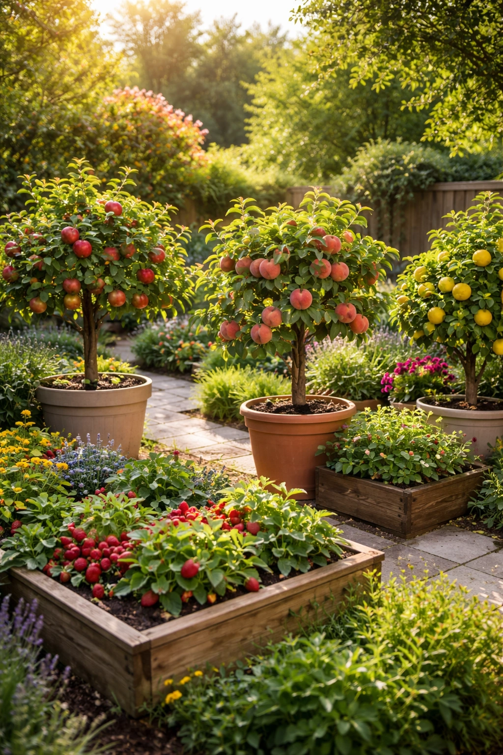 Backyard fruit garden with dwarf trees and berry patch, sunlit and lush